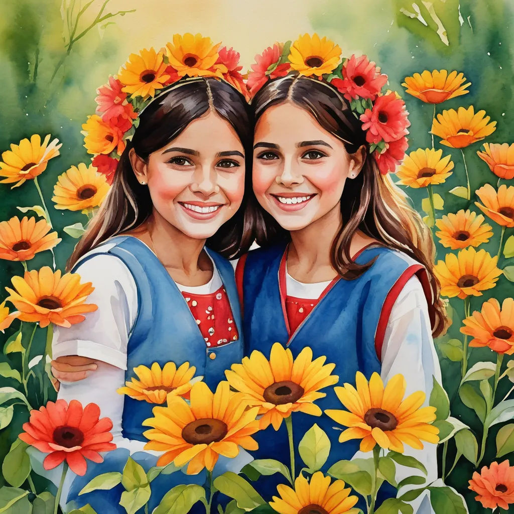 two girls are standing in a field of sunflowers with their arms around each other and smiling at the camera, naive art, a detailed painting, Bob Byerley, highly detailed oil painting