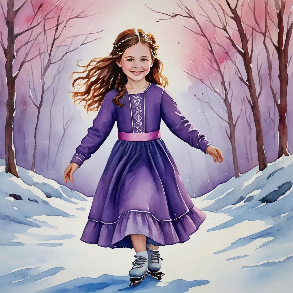 a painting of a girl in a purple dress skating on a snow covered path with trees in the background, figurative art, a watercolor painting, Elinor Proby Adams, in gouache detailed paintings