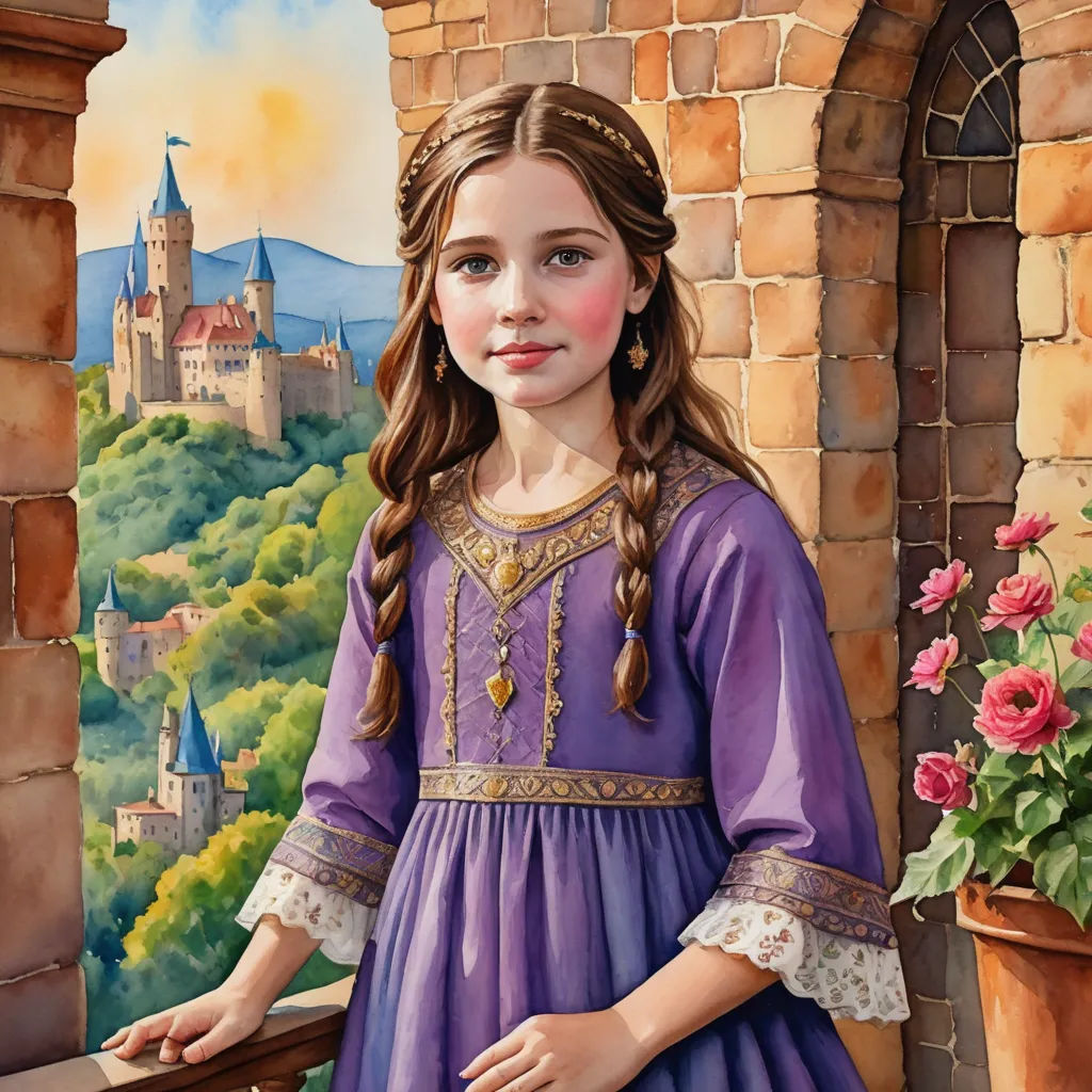 a painting of a girl in a purple dress standing in front of a castle window with a view of a valley, fantasy art, a storybook illustration, Bob Byerley, storybook illustration