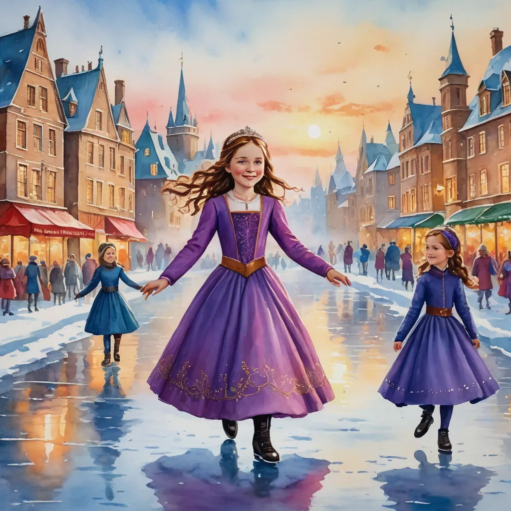 a painting of two girls in dresses walking in the snow in front of a castle with a red door, magical realism, a storybook illustration, Bob Byerley, storybook illustration