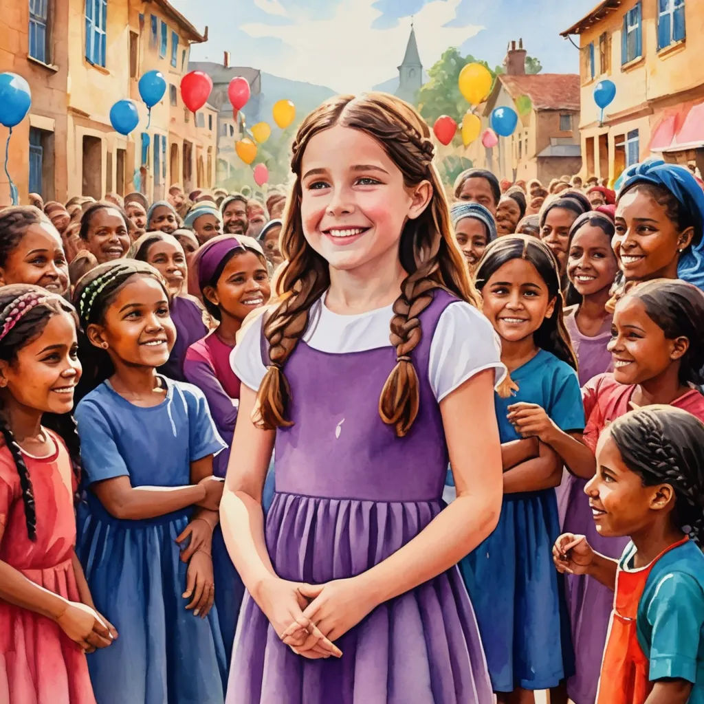 a painting of a girl surrounded by children in a village with balloons in the air and a church in the background, socialist realism, an oil on canvas painting, Bob Byerley, official art