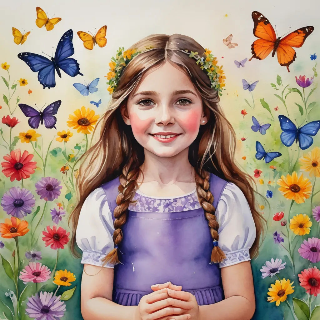 a painting of a girl in a field of flowers with butterflies around her head and a butterfly in her hair, naive art, a detailed painting, Elinor Proby Adams, highly detailed oil painting