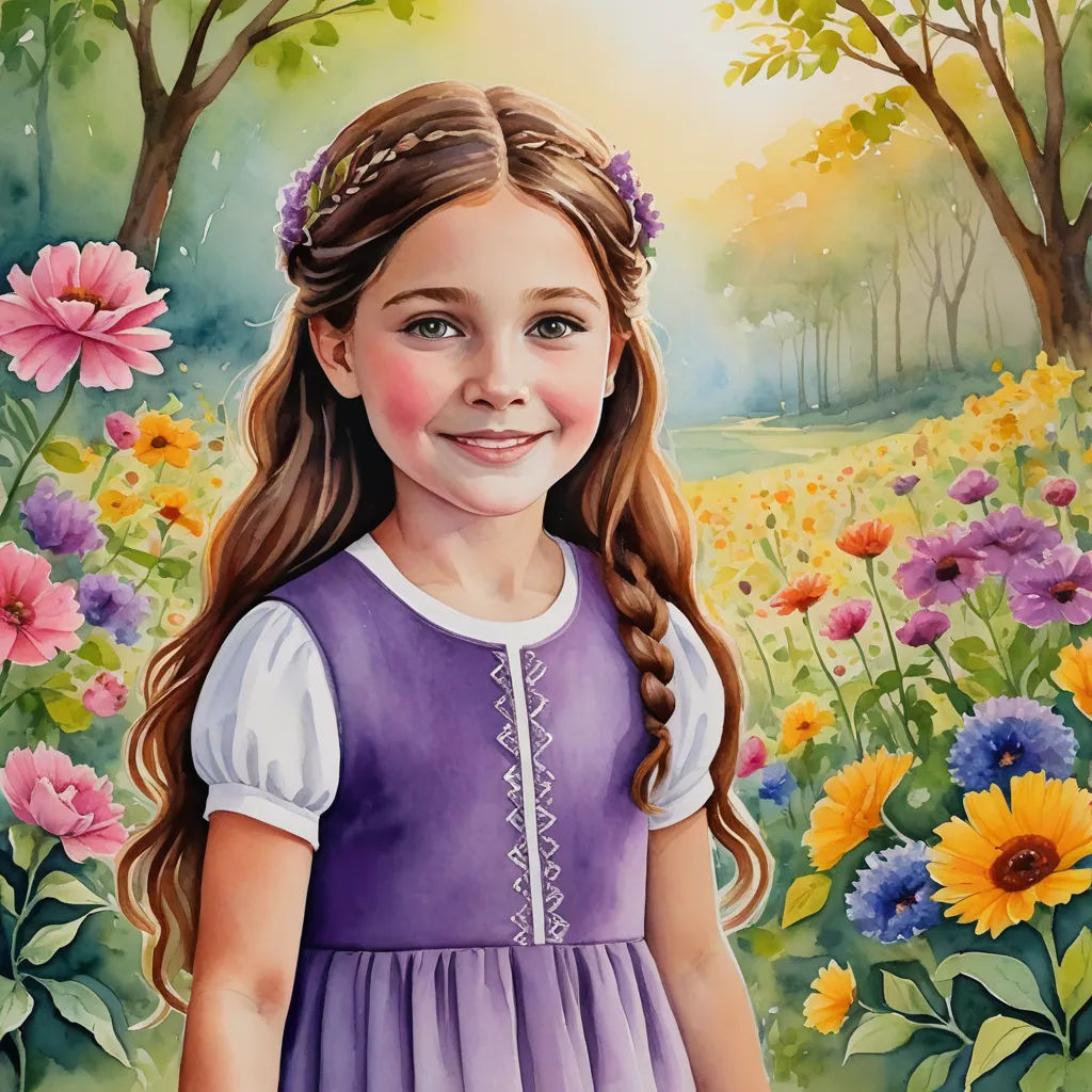 a painting of a girl in a field of flowers with a sunflower in her hair and a purple dress, naive art, a storybook illustration, Bob Byerley, professional digital painting