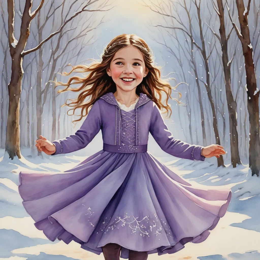 a painting of a girl in a purple dress in the snow with trees in the background and snow falling, figurative art, a storybook illustration, Bob Byerley, book cover