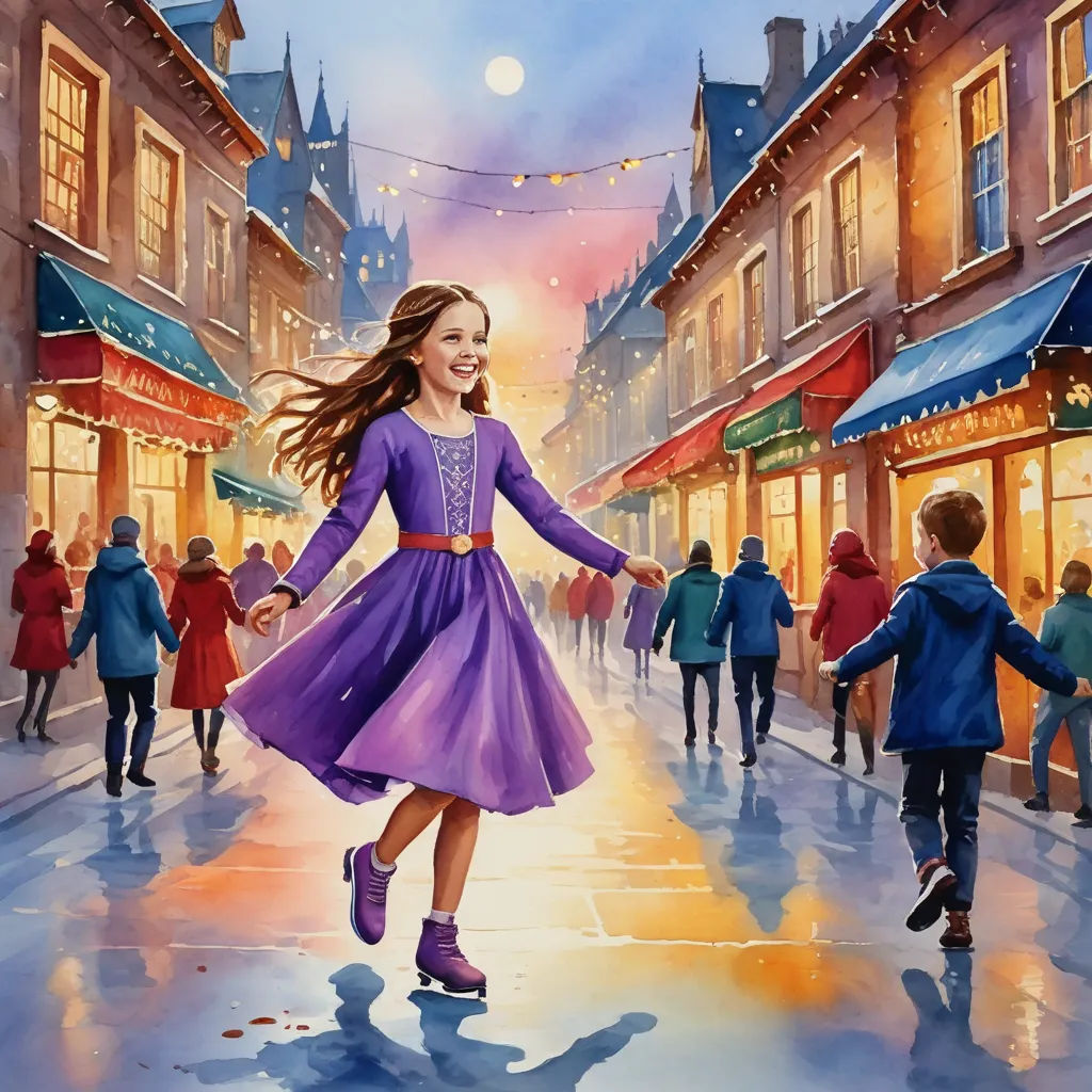 a painting of a girl in a purple dress walking down a street with a string of lights strung across the street, naive art, a storybook illustration, Bob Byerley, kinkade