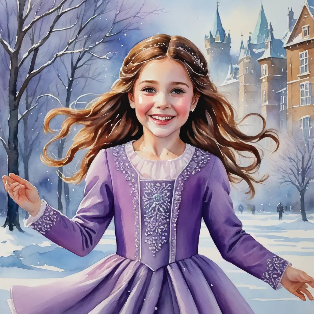 a painting of a girl in a purple dress in the snow with a castle in the background and a snowman in the foreground, figurative art, a detailed painting, Bob Byerley, detailed painting