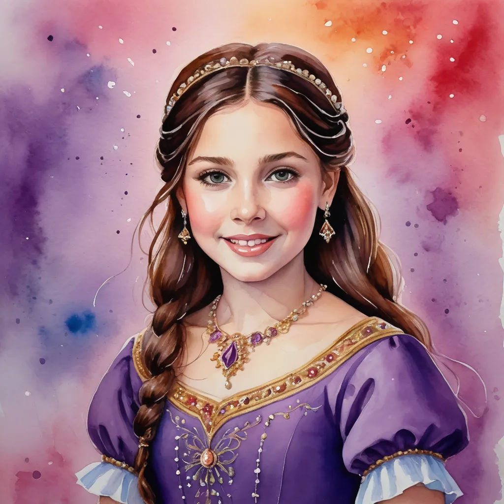 a painting of a girl in a purple dress with a tiara on her head and a purple dress with a gold trim, figurative art, a detailed painting, Elisabeth Collins, detailed painting