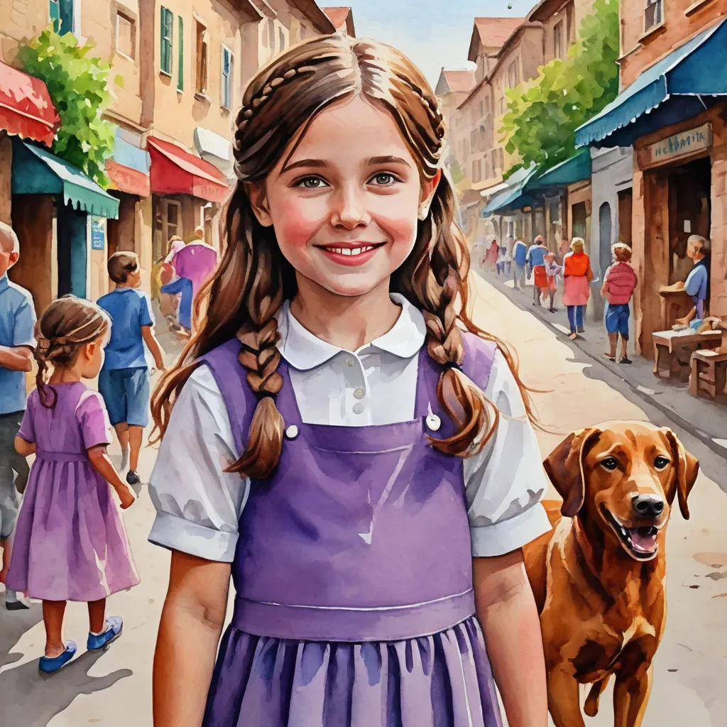 a painting of a girl and her dog in a town street with people walking by and a dog on the sidewalk, figurative art, a storybook illustration, Bob Byerley, detailed painting