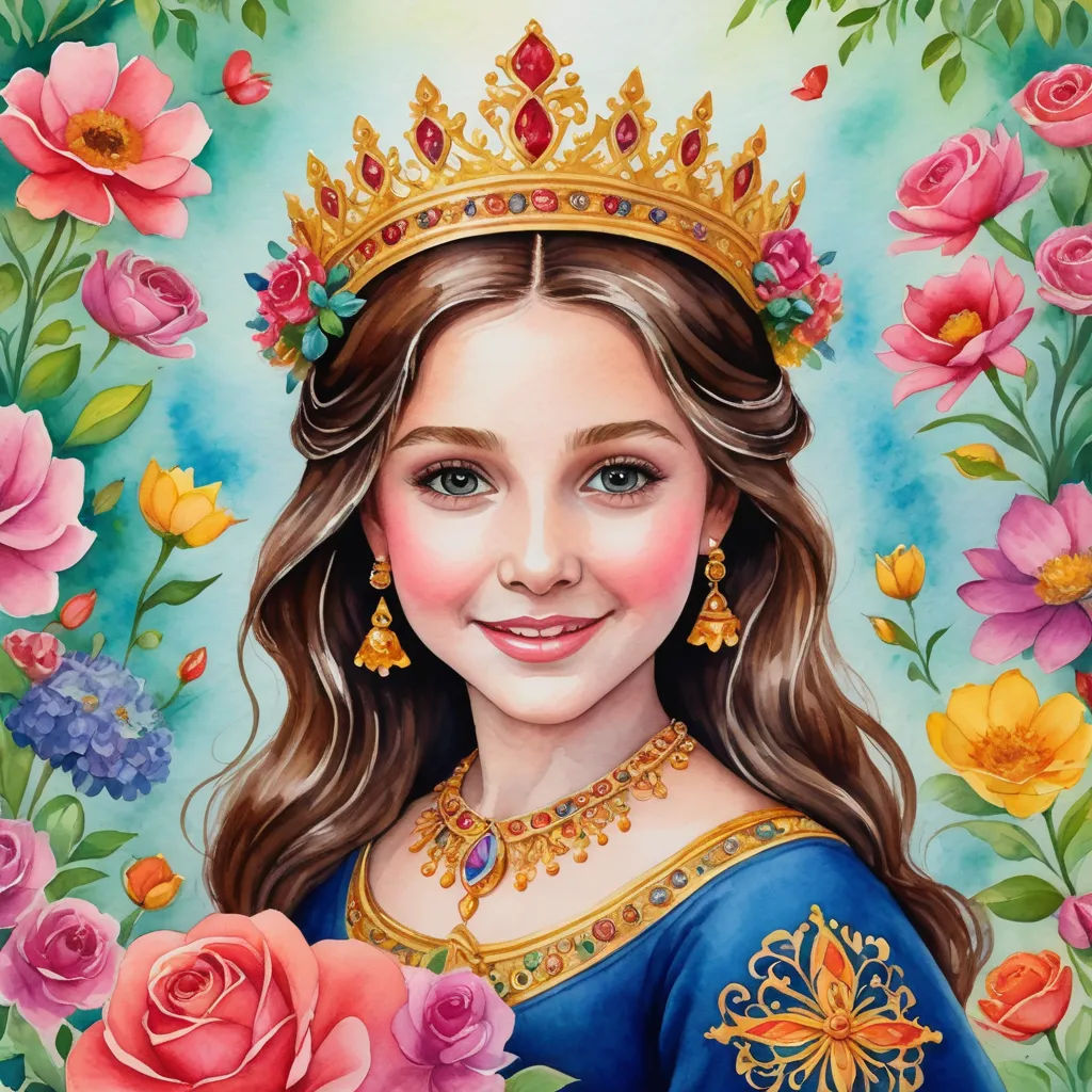 a painting of a girl wearing a tiara and holding a rose in her hand with a blue background, qajar art, a detailed painting, Elina Karimova, highly detailed oil painting