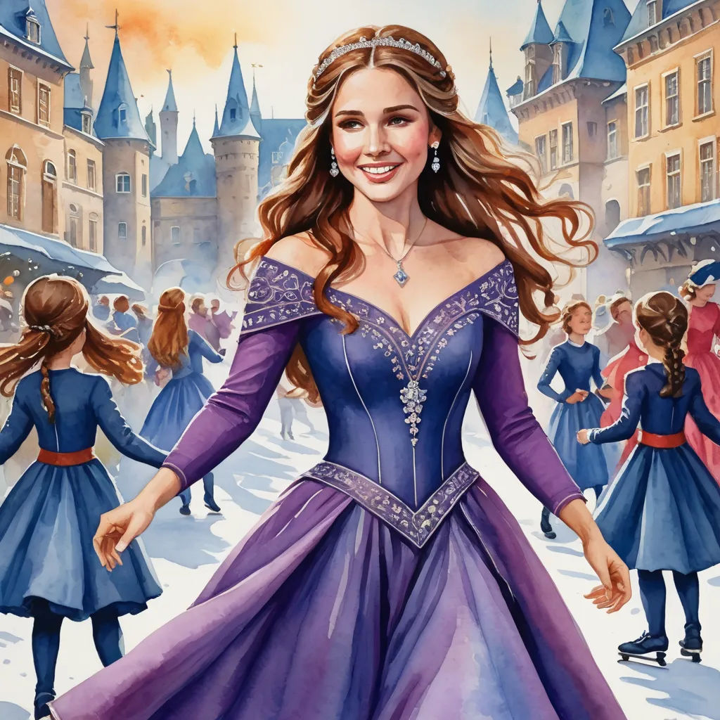 a painting of a woman in a purple dress in front of a castle with a lot of people around her, fantasy art, a storybook illustration, Anne Stokes, kinkade