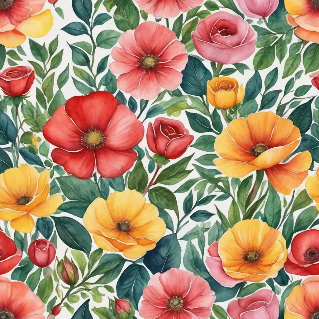 a painting of flowers on a white background with green leaves and red and yellow flowers on the bottom of the image, arts and crafts movement, a watercolor painting, Annabel Kidston, in gouache detailed paintings