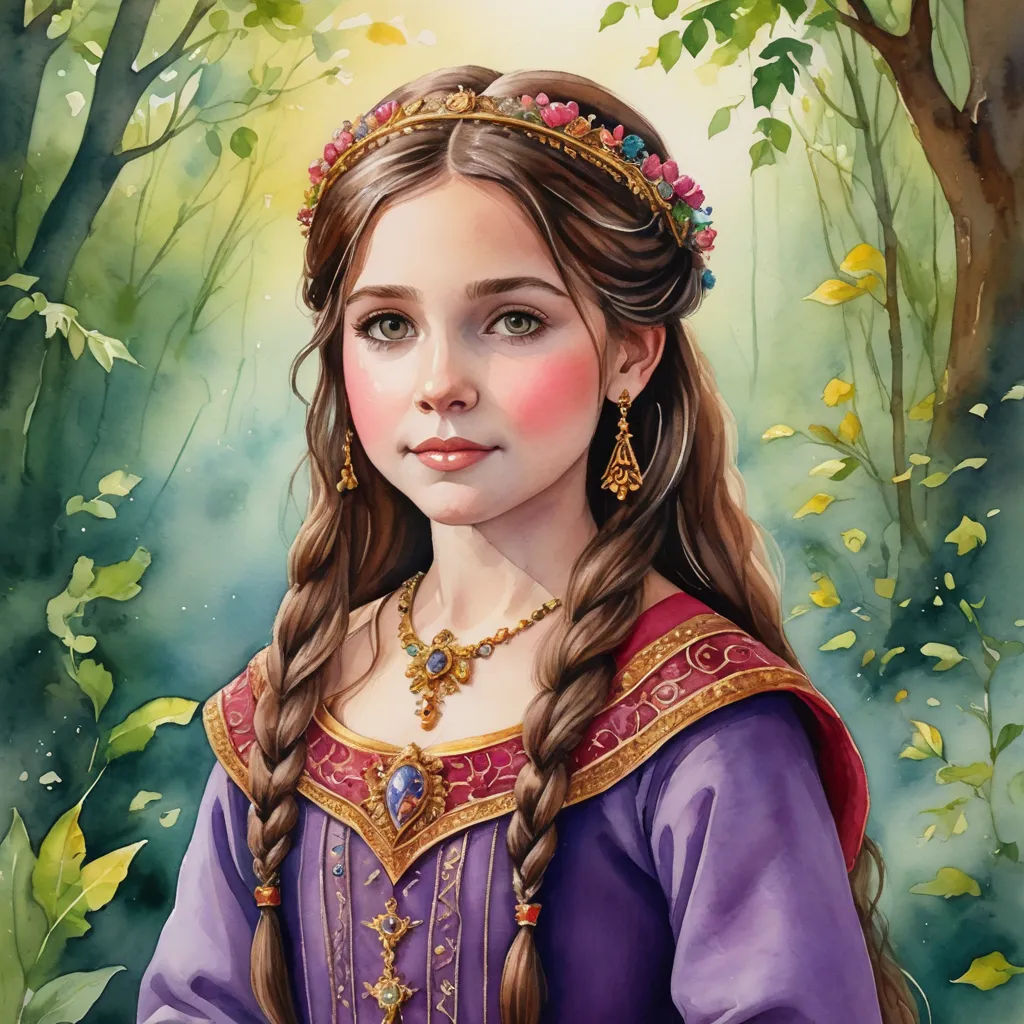 a painting of a girl in a purple dress and a crown on her head, with a green background, fantasy art, a detailed painting, Arthur Hughes, detailed painting