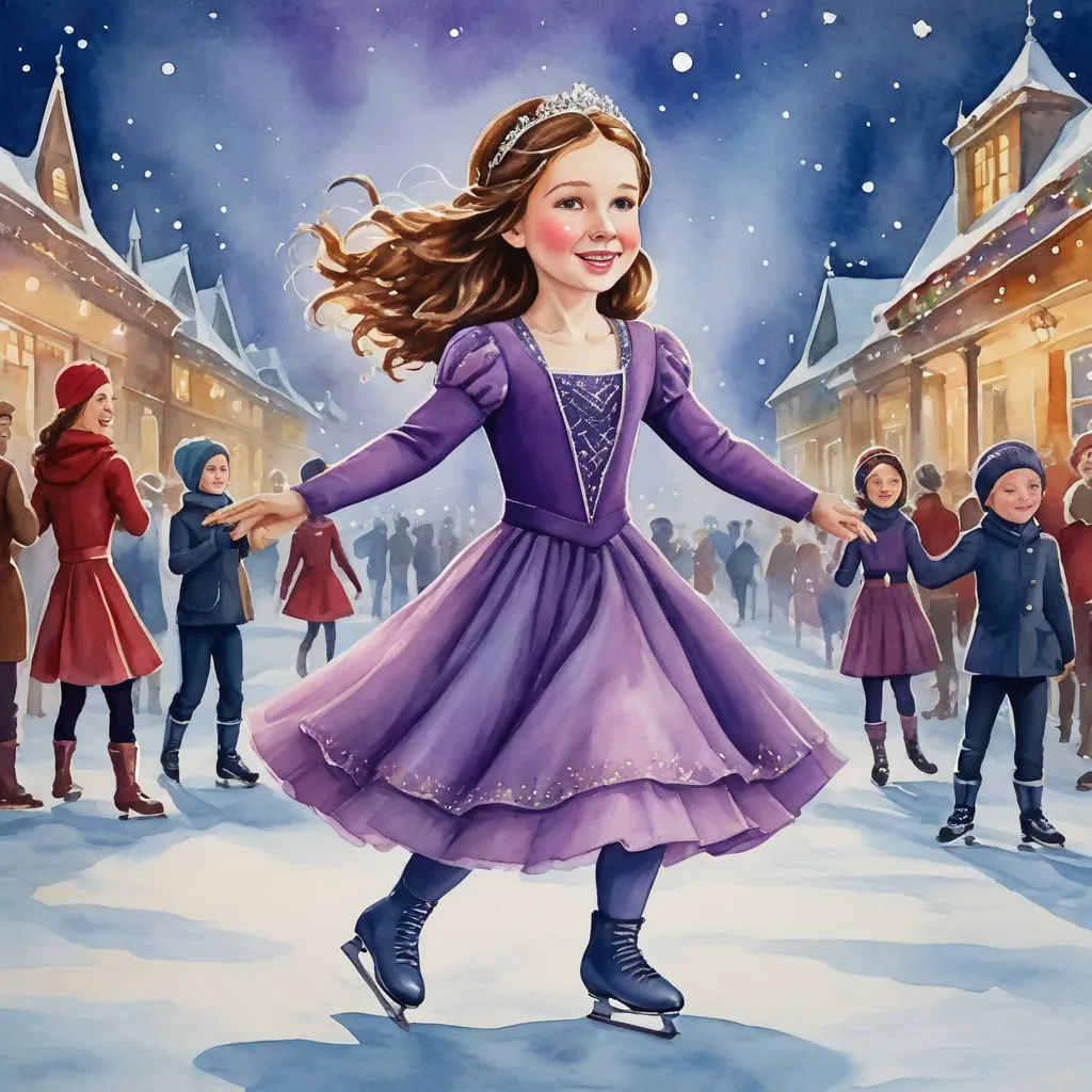 a painting of a girl in a purple dress skating on a rink with people in the background and a snow covered town, naive art, a storybook illustration, Bob Byerley, storybook illustration