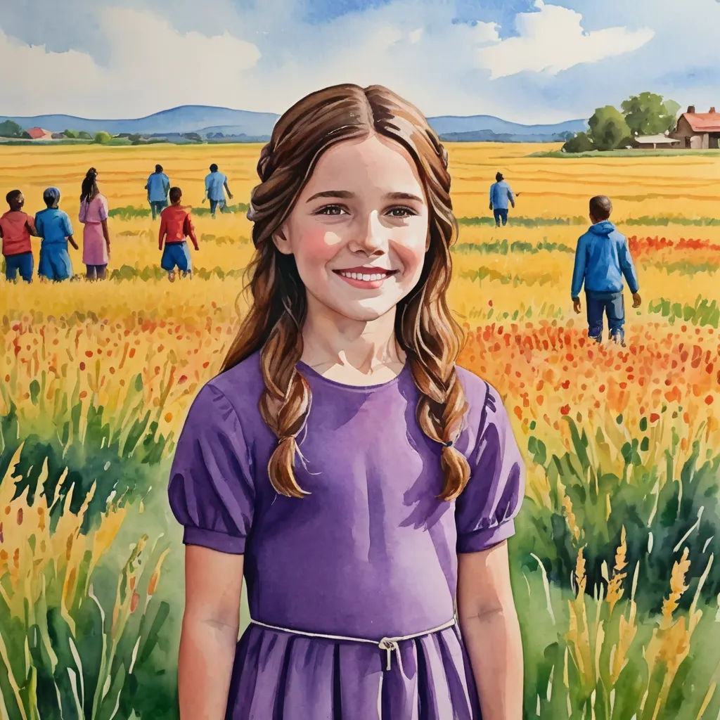 a painting of a girl in a purple dress in a field of flowers with a group of people in the background, socialist realism, a storybook illustration, Bob Byerley, book cover