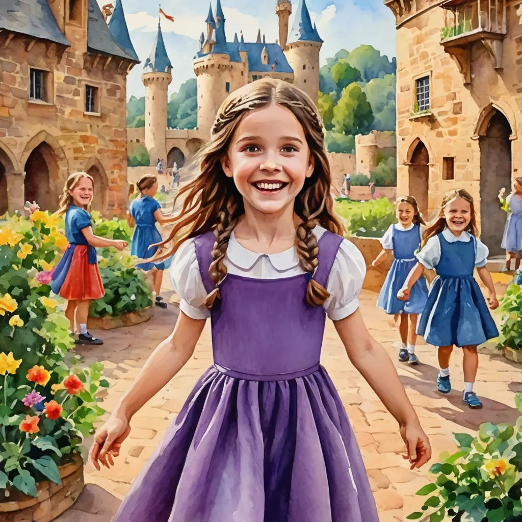 a painting of a girl in a purple dress in front of a castle with other children in the background, naive art, a storybook illustration, Bob Byerley, highly detailed digital painting