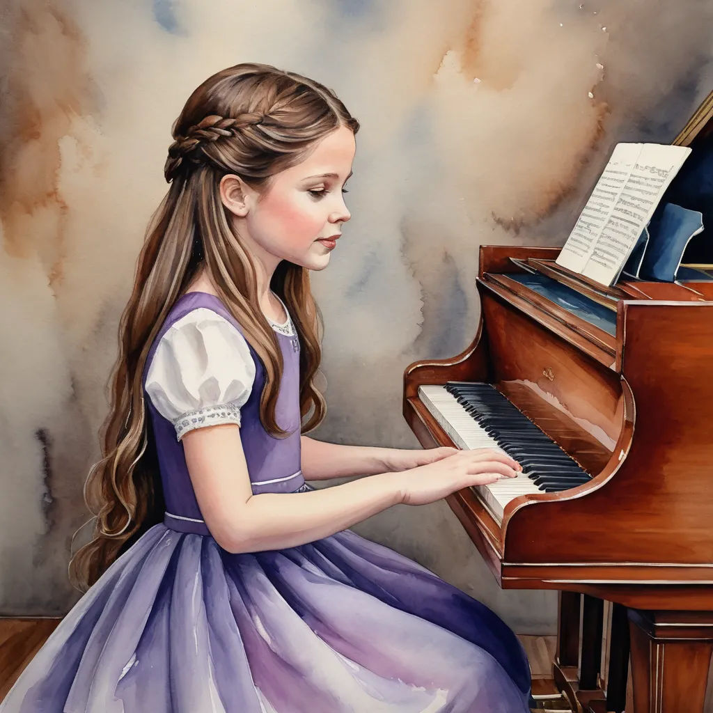 a painting of a girl playing a piano in a dress with a sheet of music on it's back, figurative art, a fine art painting, Claire Hummel, detailed painting