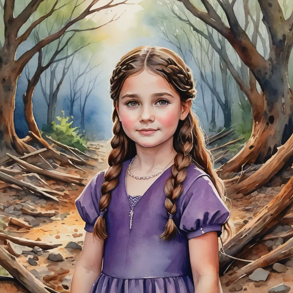 a painting of a girl in a purple dress standing in a forest with trees and rocks on the ground, fantasy art, a storybook illustration, Elinor Proby Adams, storybook illustration