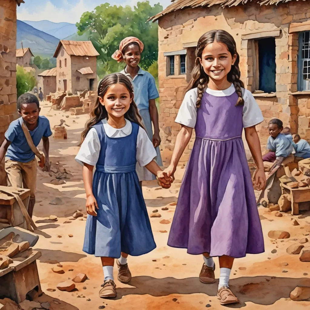 a painting of two girls holding hands in a village with a man and two children in the background holding hands, socialist realism, a painting, Bob Byerley, highly detailed digital painting