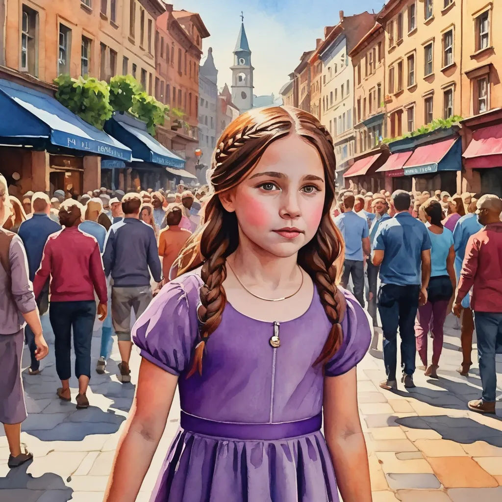 a painting of a girl in a purple dress on a city street with people walking around her and a clock tower in the background, figurative art, a detailed painting, Bob Byerley, highly detailed digital painting