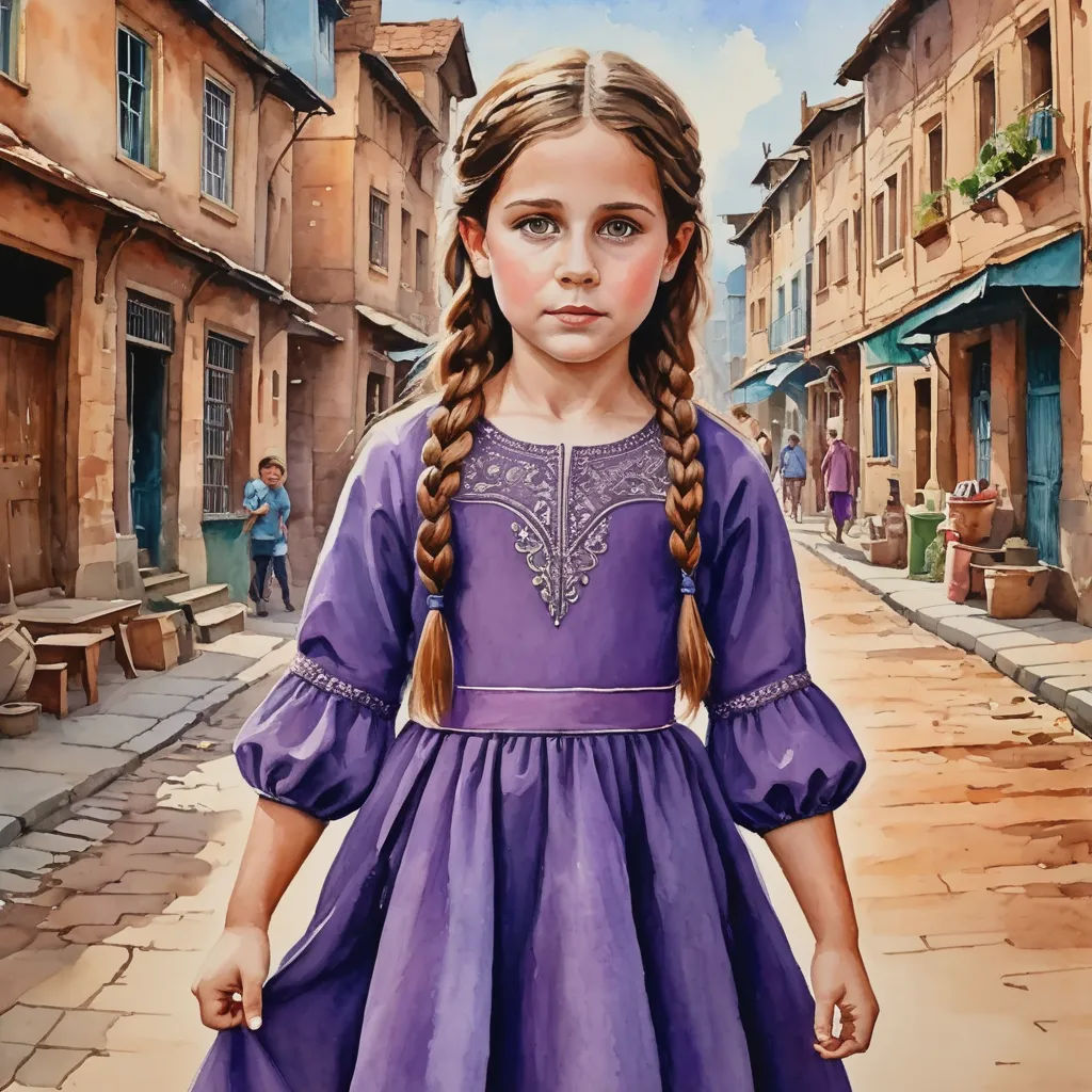 a painting of a little girl in a purple dress on a street with buildings and people in the background, figurative art, an ultrafine detailed painting, Bob Byerley, highly detailed digital painting