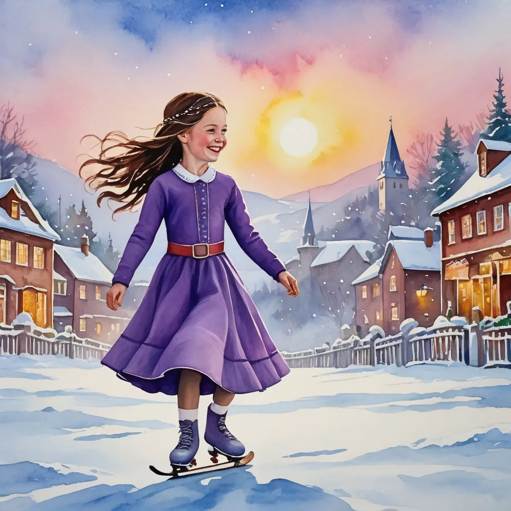 a painting of a girl on a snowboard in a purple dress and a town in the background with a sunset, naive art, a storybook illustration, Bob Byerley, storybook illustration