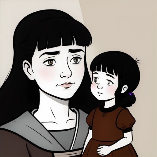 a woman holding a little girl in her arms with a brown dress on her chest and a brown dress on her shoulder, context art, a character portrait, Ada Gladys Killins, character portrait