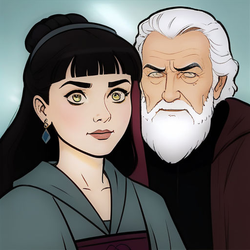 a cartoon of a woman and an old man with a white beard and a white beard and a black dress, art nouveau, a character portrait, Ada Gladys Killins, character portrait