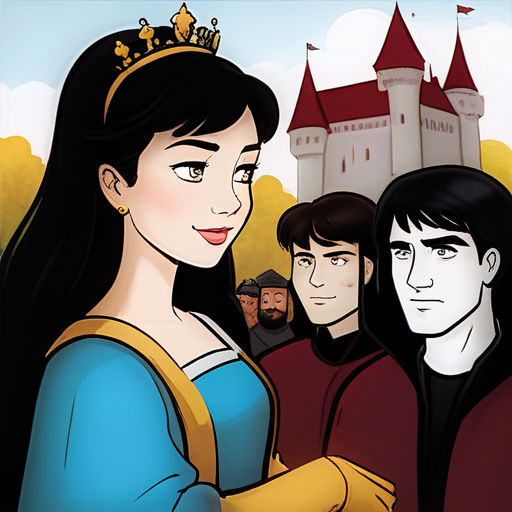 a cartoon of snow white and prince charmingly surrounded by other characters in front of a castle with a red roof, serial art, a storybook illustration, Altoon Sultan, comic cover art