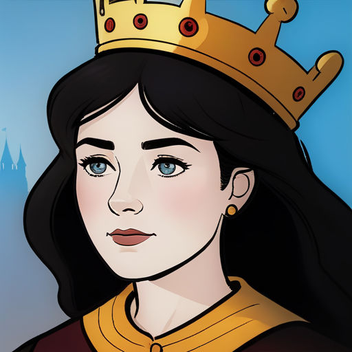 a cartoon of a woman wearing a crown on her head and a castle in the background with a blue sky, sots art, a character portrait, Caroline Chariot-Dayez, character portrait
