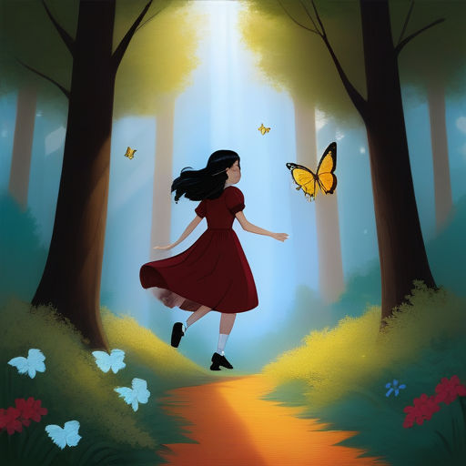 a girl in a red dress is running through a forest with a butterfly flying overhead and a path leading to the woods, magical realism, a storybook illustration, Evaline Ness, storybook illustration