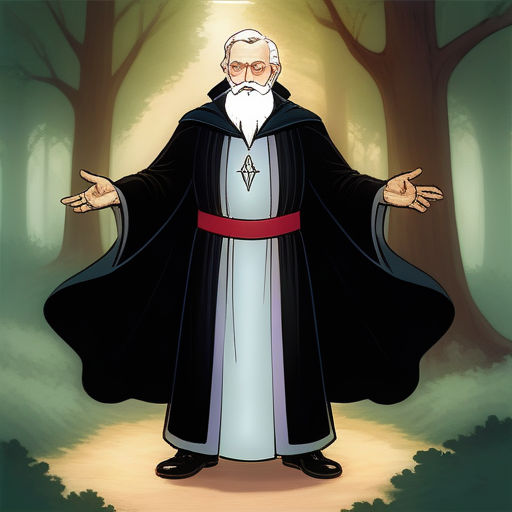 a cartoon of a wizard standing in a forest with his hands out and his hands out to the side, rayonism, a character portrait, Edmond Xavier Kapp, character portrait