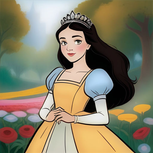 a cartoon of a woman in a yellow dress with a tiara on her head and flowers in the background, magical realism, a character portrait, Alice Prin, character portrait