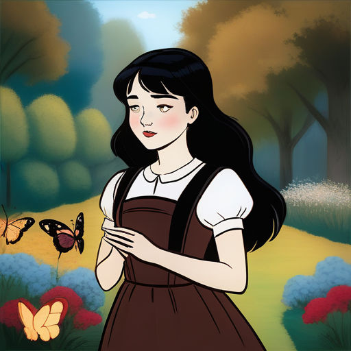 a girl in a brown dress holding a butterfly in a field of flowers and trees with a butterfly flying overhead, synthetism, a character portrait, Clarice Beckett, character portrait