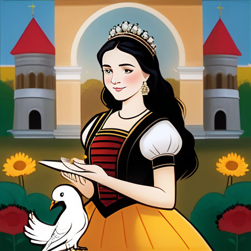 a cartoon of a woman in a dress holding a bird and a castle in the background with a sunflower, magical realism, a storybook illustration, Dorothy Coke, storybook illustration