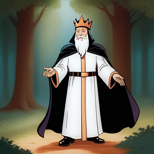 a cartoon of a man with a crown on his head and a robe on his body, standing in a forest, excessivism, a storybook illustration, Edward Otho Cresap Ord, II, storybook illustration