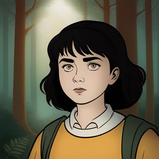 a cartoon of a woman in a yellow shirt in a forest with a light shining on her face and trees in the background, serial art, a character portrait<error>