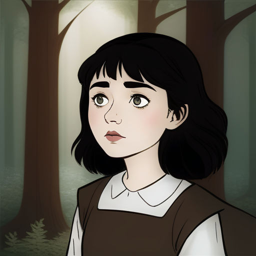 a cartoon of a girl in a forest with trees in the background and a forest with trees in the foreground, serial art, a character portrait, Clarice Beckett, character portrait