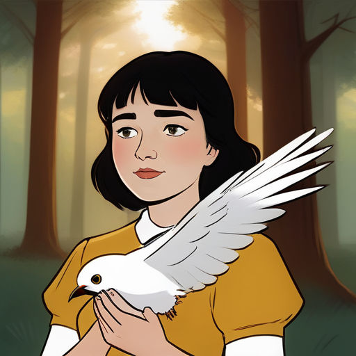 a woman holding a white bird in a forest with trees in the background and sunlight shining through the trees, serial art, a character portrait, Clarice Beckett, character portrait