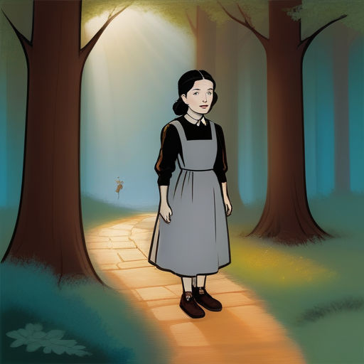 a cartoon of a woman standing in a forest with a pathway between two trees and a light shining on her, magical realism, a storybook illustration, Dorothy Lockwood, storybook illustration