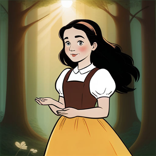 a cartoon of a girl in a dress in a forest with a butterfly in her hand and a light shining on her, synthetism, a character portrait, Evaline Ness, comic cover art