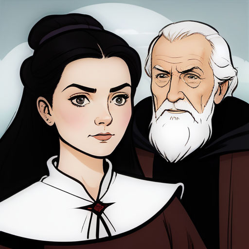 a cartoon of a man and woman with a white beard and a long black hair, wearing robes and a white collar, purism, a character portrait, Cassandra Austen, character portrait