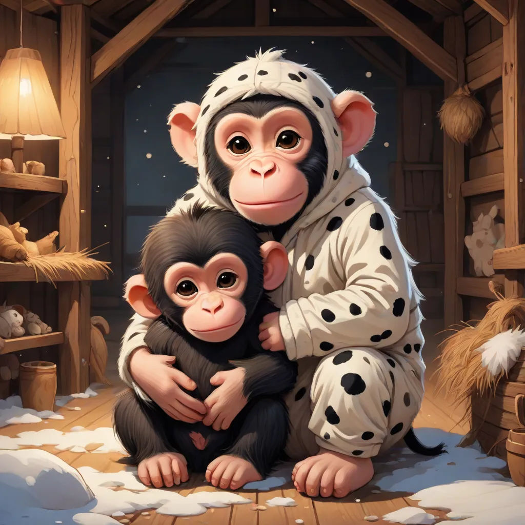 a painting of a monkey and a monkey cub hugging in a snowy cabin with a nativity scene in the background, Diego Gisbert Llorens, furry art, a storybook illustration, highly detailed digital painting