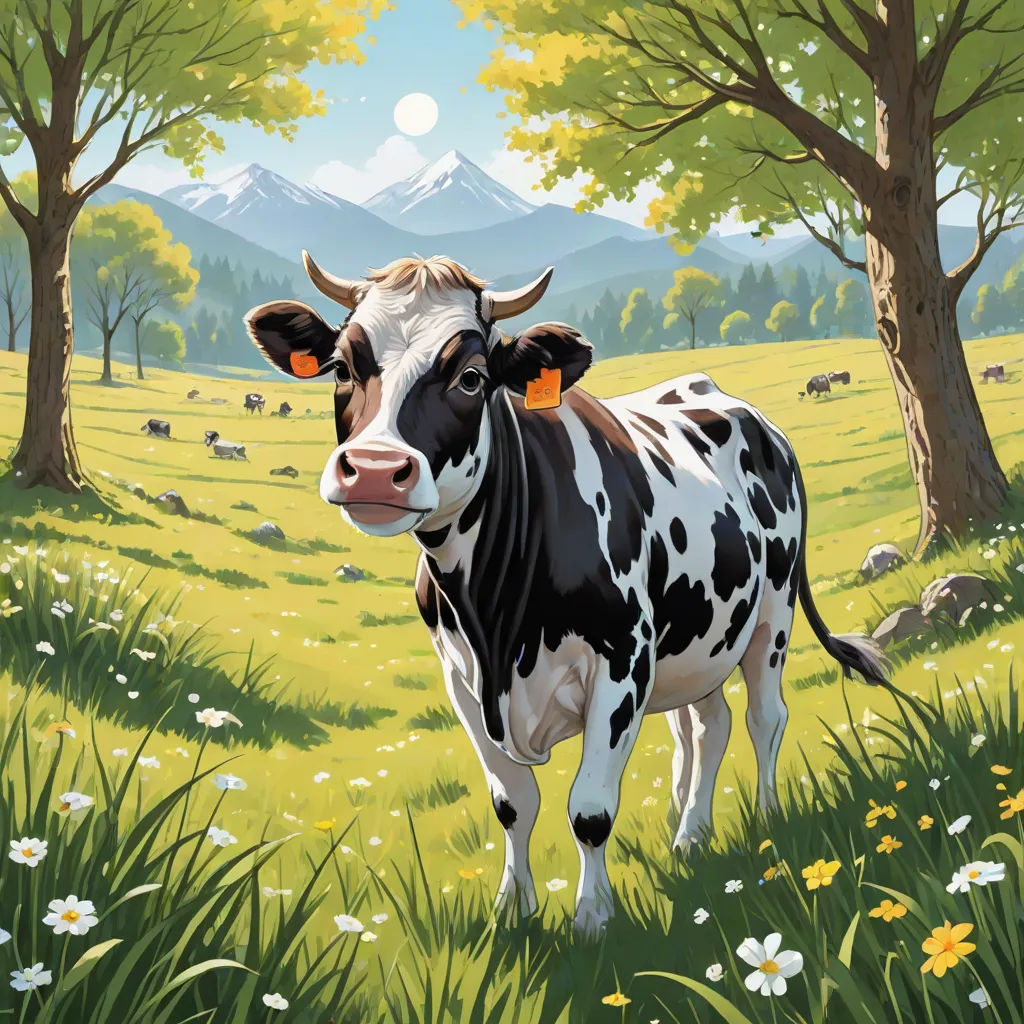a cow standing in a field of grass with trees and flowers in the background and a mountain range in the distance, Chris LaBrooy, synthetism, a storybook illustration, ultra realistic illustration