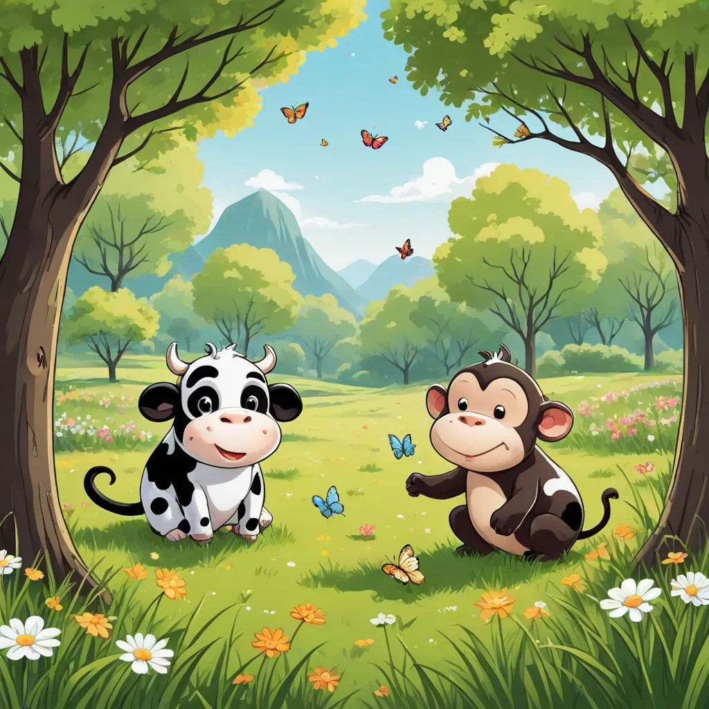 a cow and a monkey are sitting in the grass near trees and flowers with a mountain in the background, Andries Stock, naturalism, a storybook illustration, storybook illustration
