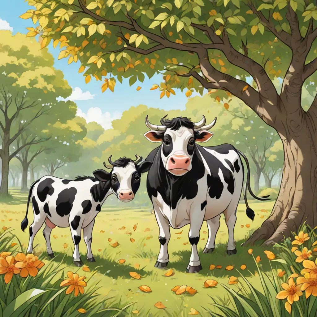 a couple of cows standing next to a tree in a field of flowers and grass with yellow flowers around them, Chris LaBrooy, synthetism, a storybook illustration, storybook illustration