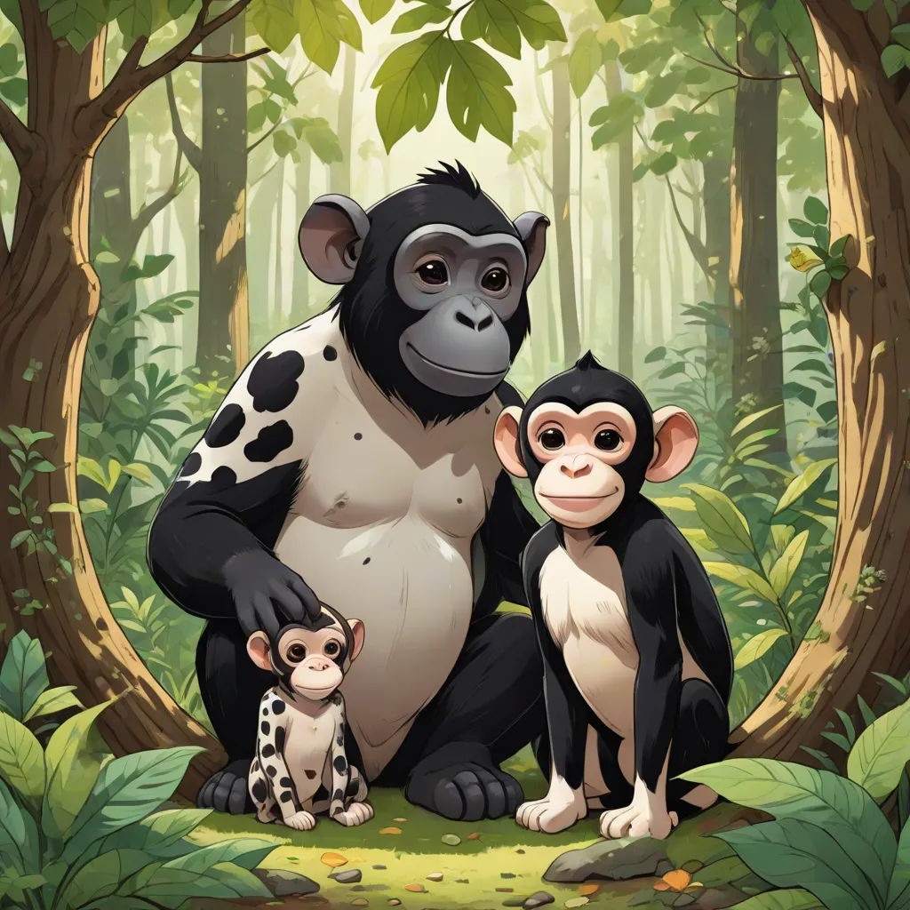 a mother and baby monkey in the jungle with their mother sitting on the ground next to them, with a baby monkey, Diego Gisbert Llorens, primitivism, a storybook illustration, official art