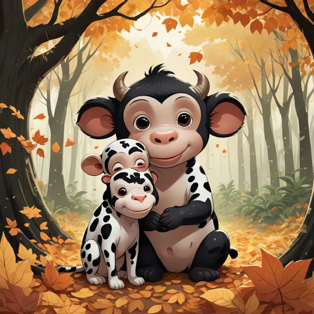 a cartoon cow and a baby cow sitting in a forest with leaves on the ground and trees in the background, Andries Both, furry art, a storybook illustration, behance hd