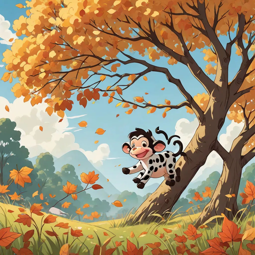 a cartoon monkey climbing up a tree in a field of leaves with a sky background and a mountain in the background, Cliff Childs, plein air, a storybook illustration, autumn