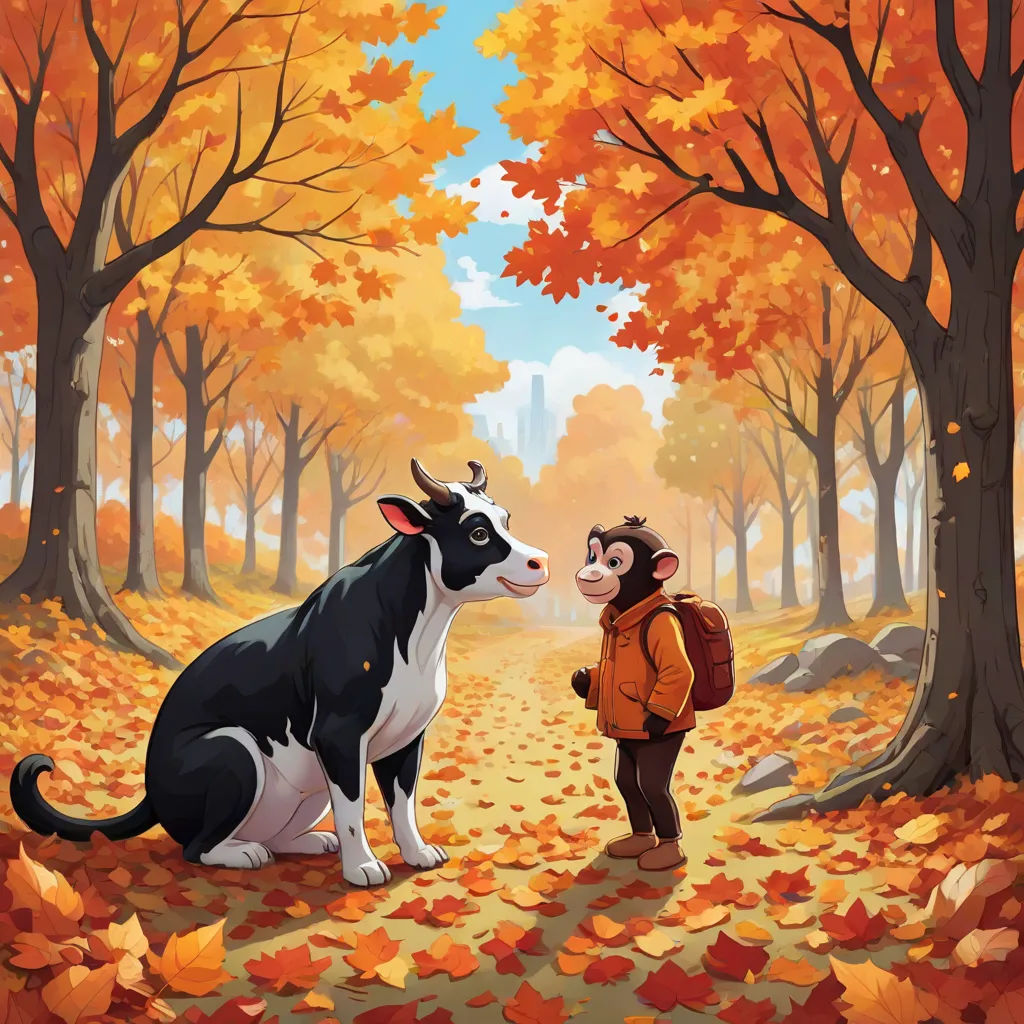 a painting of a boy and a cow in a park with trees and leaves on the ground and a woman standing next to them, Diego Gisbert Llorens, serial art, a storybook illustration, storybook illustration