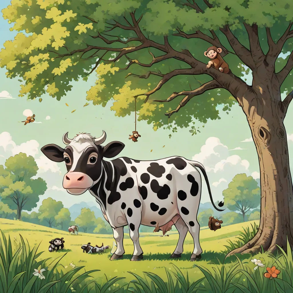a cow standing in the grass under a tree with a monkey on it's back and a monkey on a tree, Chris LaBrooy, pop surrealism, a storybook illustration, behance hd